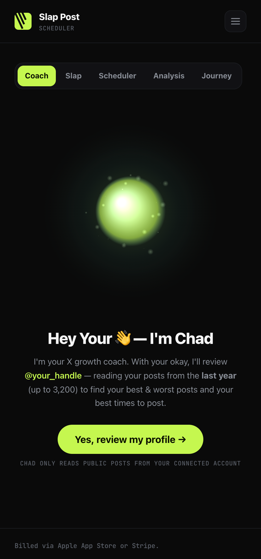 Chad's intro screen — your X growth coach offering to review your profile