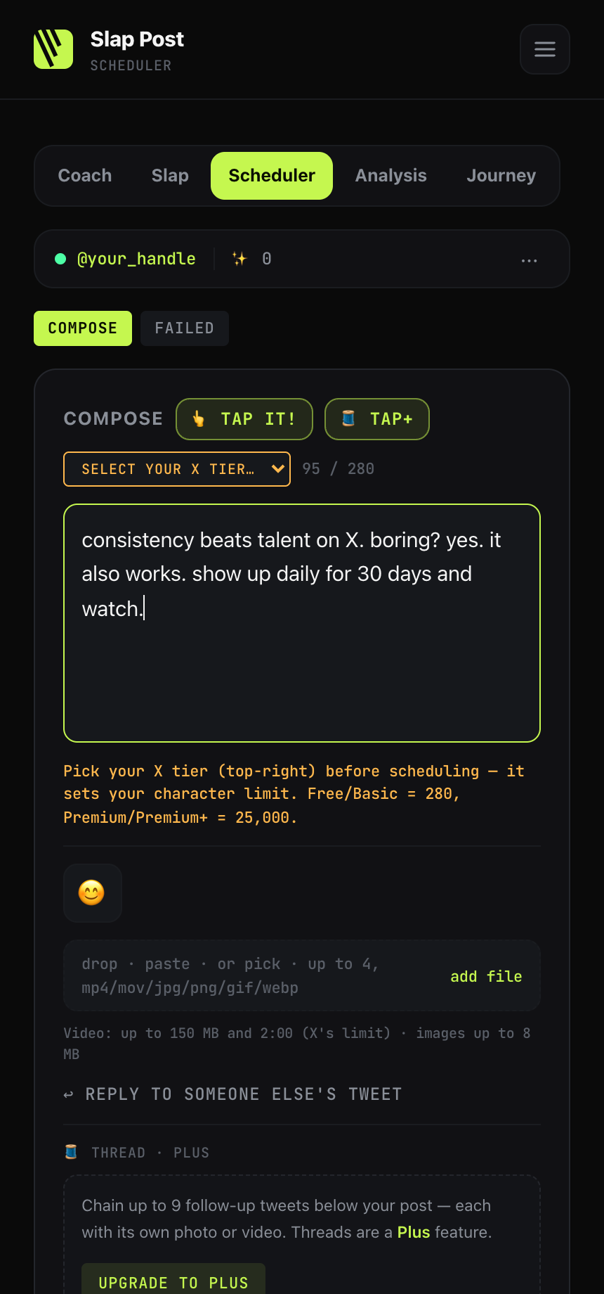 The composer with Tap It and Tap+ buttons, X tier selector, and a draft post