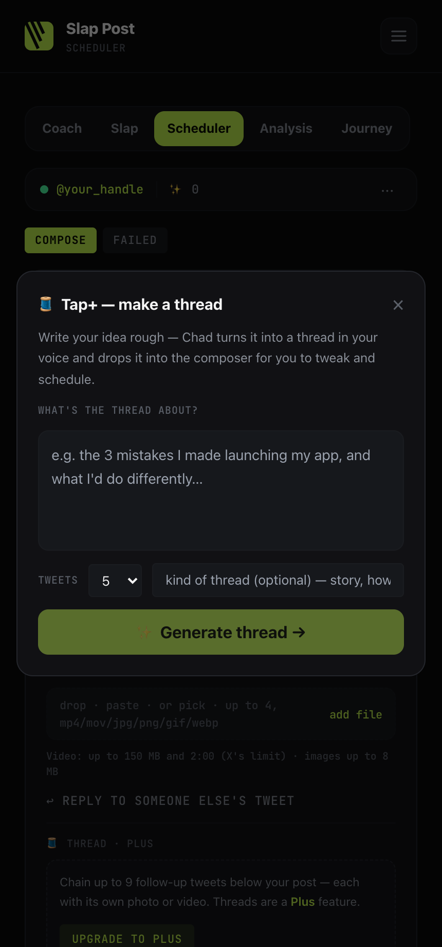 The Tap+ modal: write your idea rough, choose number of tweets, generate thread
