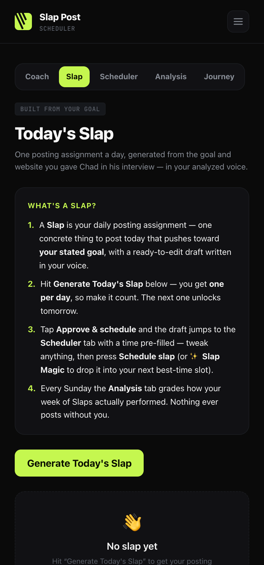 The Slap tab explaining the Daily Slap with a Generate Today's Slap button